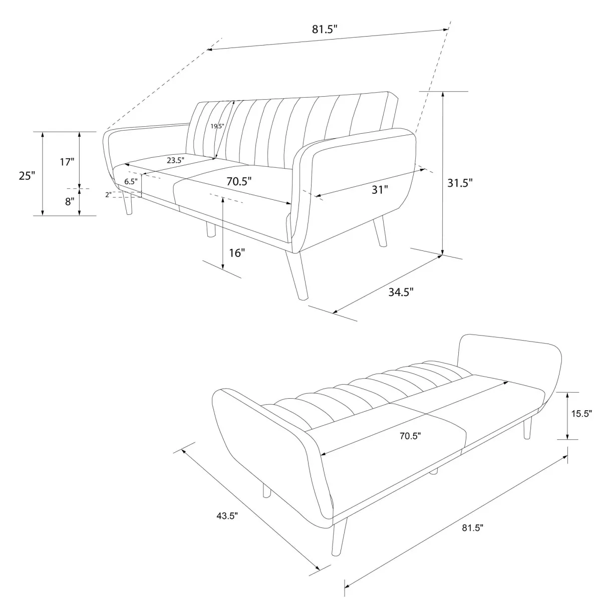 Brittany Futon with Vertical Channel Tufting and Curved Armrests