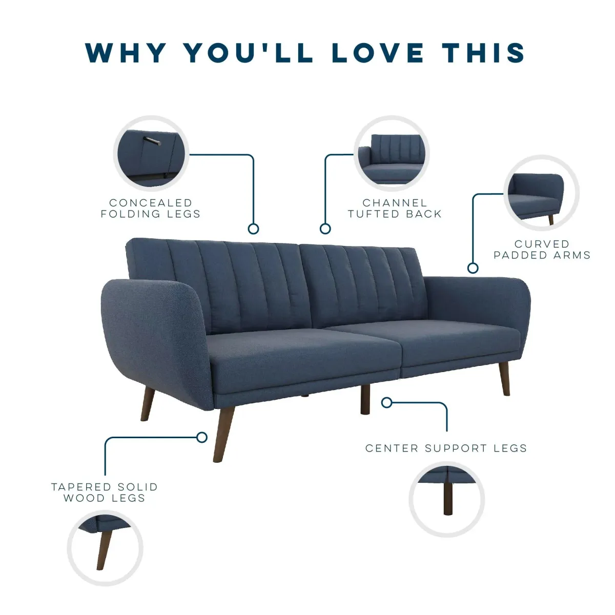 Brittany Futon with Vertical Channel Tufting and Curved Armrests