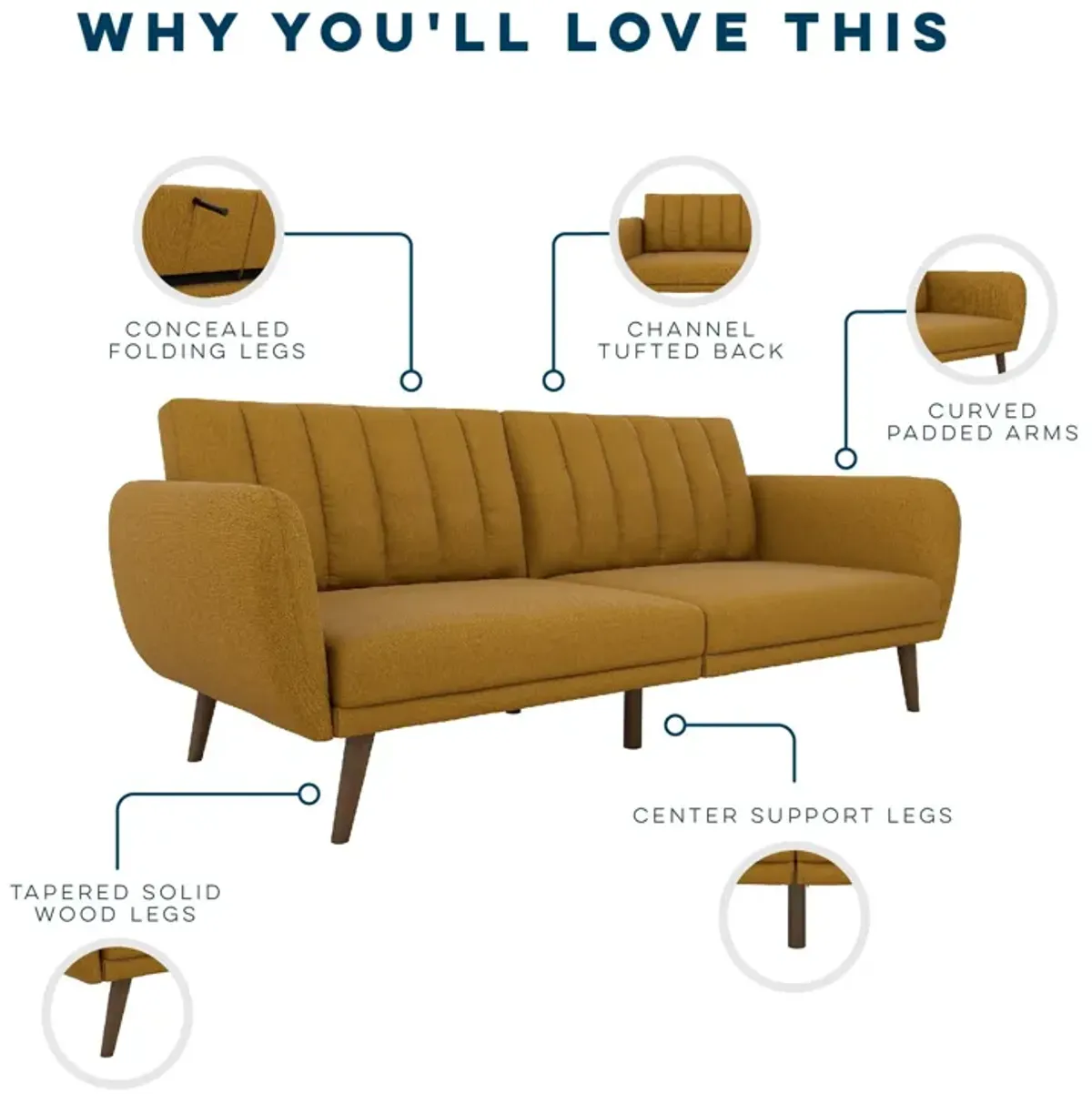 Brittany Futon with Vertical Channel Tufting and Curved Armrests