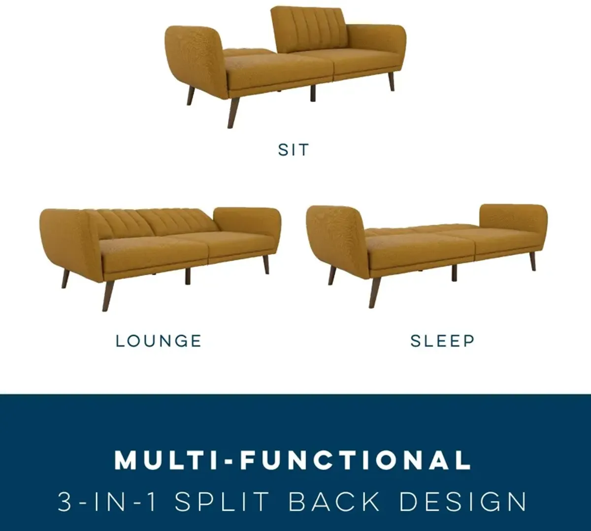 Brittany Futon with Vertical Channel Tufting and Curved Armrests