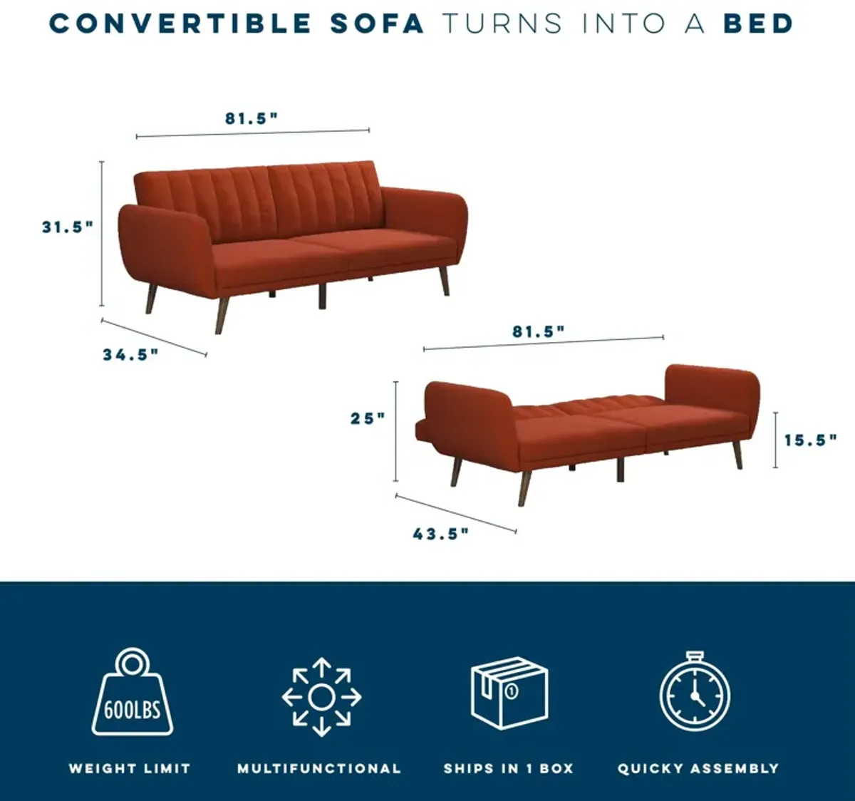 Brittany Futon with Vertical Channel Tufting and Curved Armrests