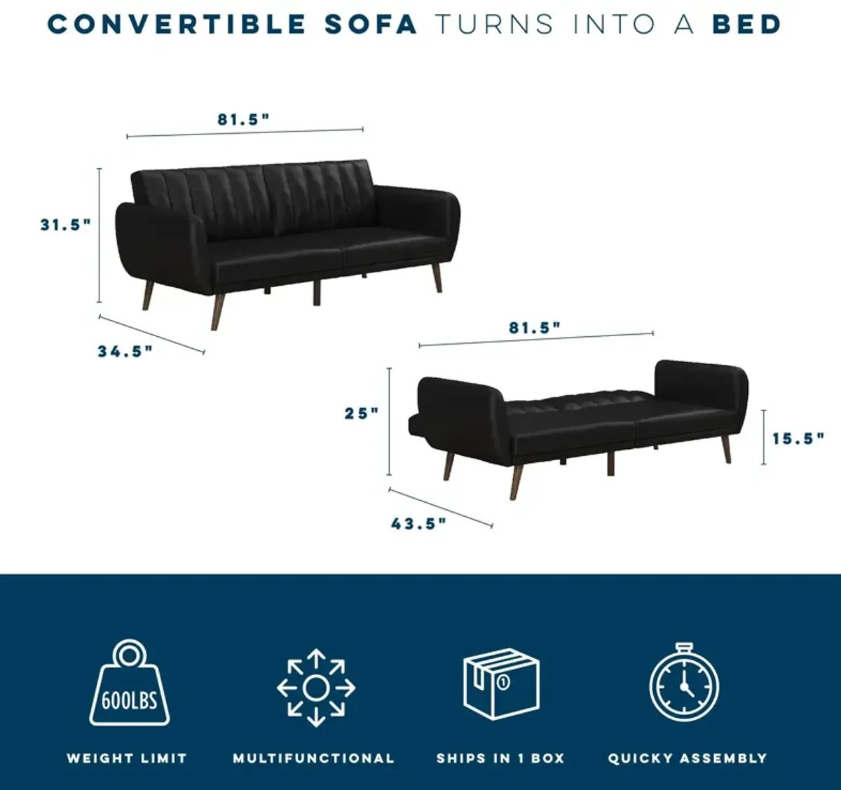 Brittany Futon with Vertical Channel Tufting and Curved Armrests