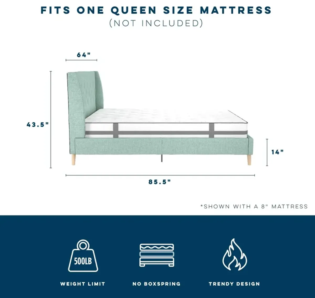 Her Majesty Wingback Bed with a Button Tufted Headboard and Tapered Wood Legs