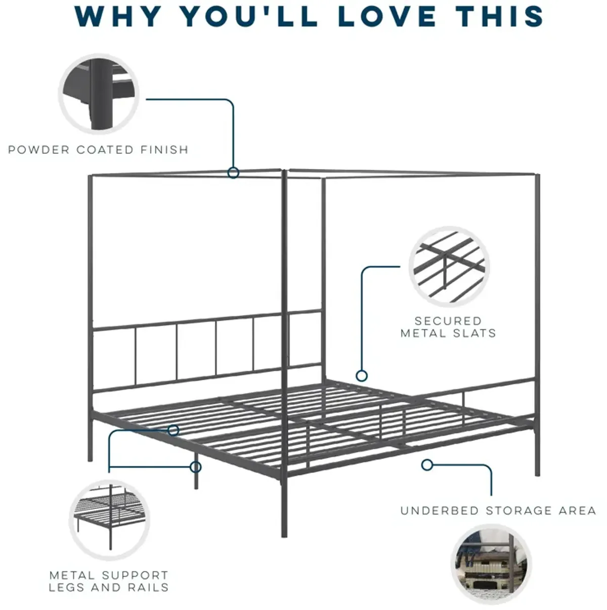 Marion Four Poster Metal Canopy Bed with Soft Clean Lines