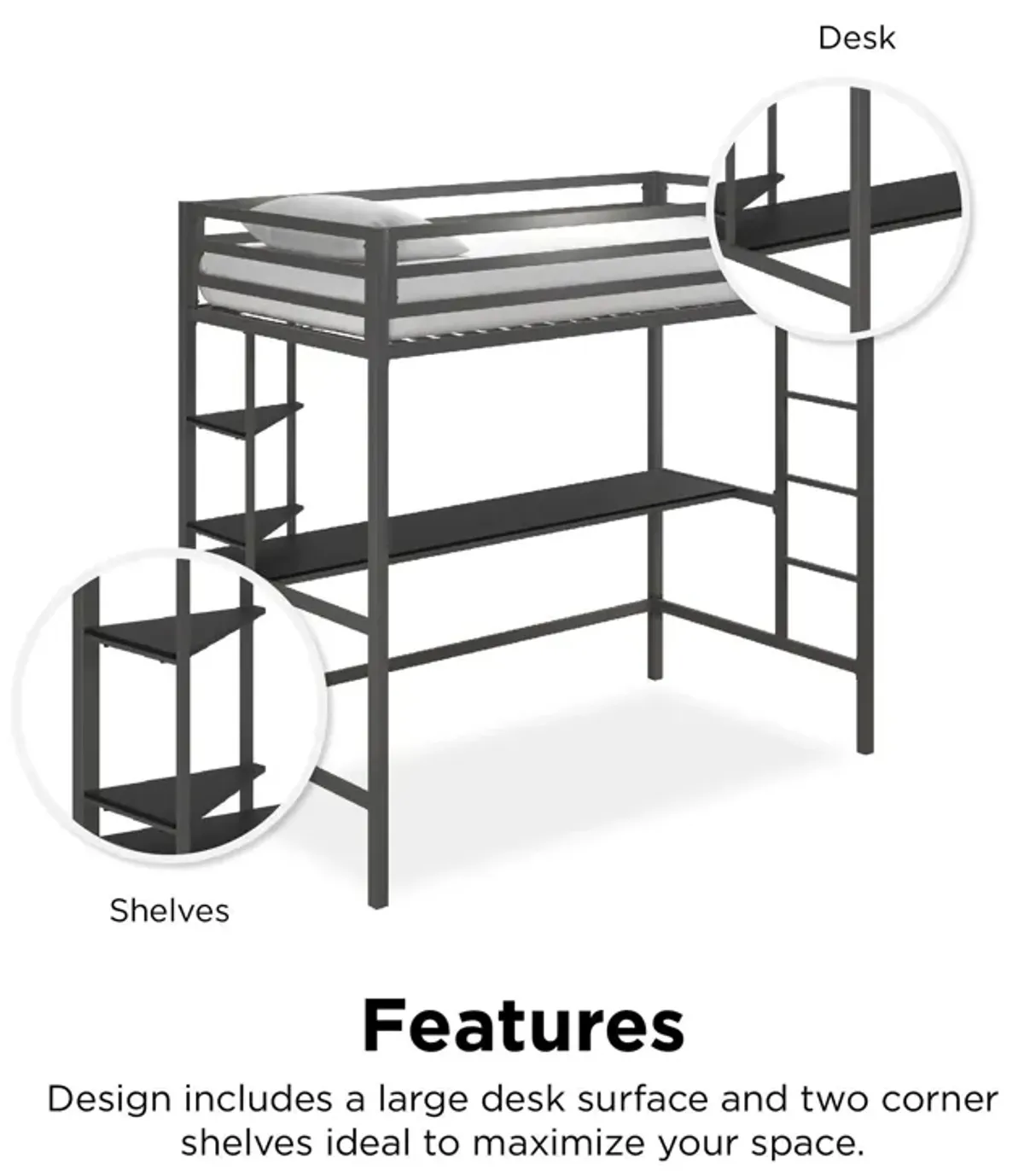 Maxwell Metal Twin Loft Bed with Desk & Shelves