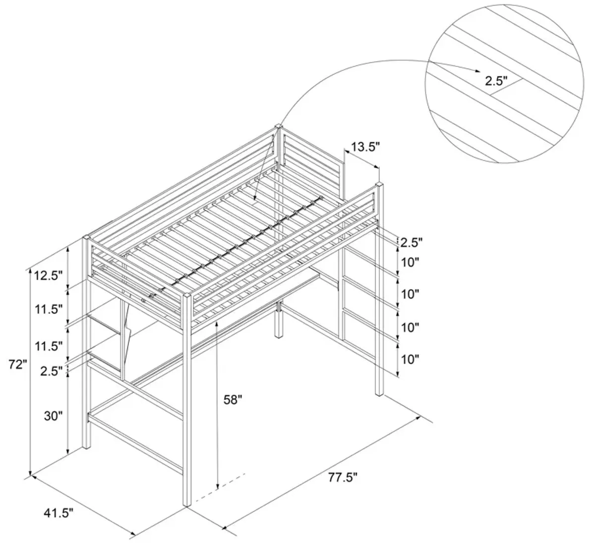 Maxwell Metal Twin Loft Bed with Desk & Shelves