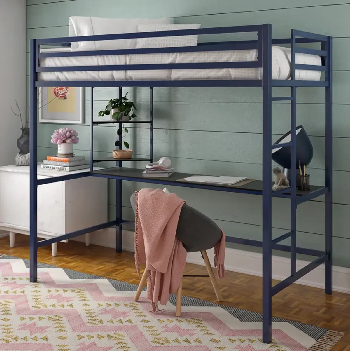 Maxwell Metal Twin Loft Bed with Desk & Shelves