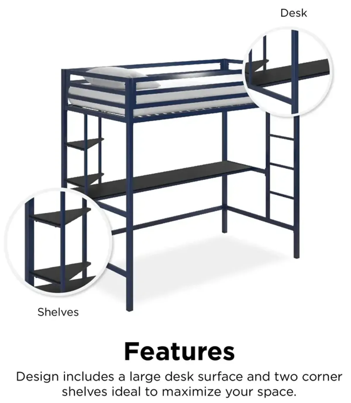 Maxwell Metal Twin Loft Bed with Desk & Shelves