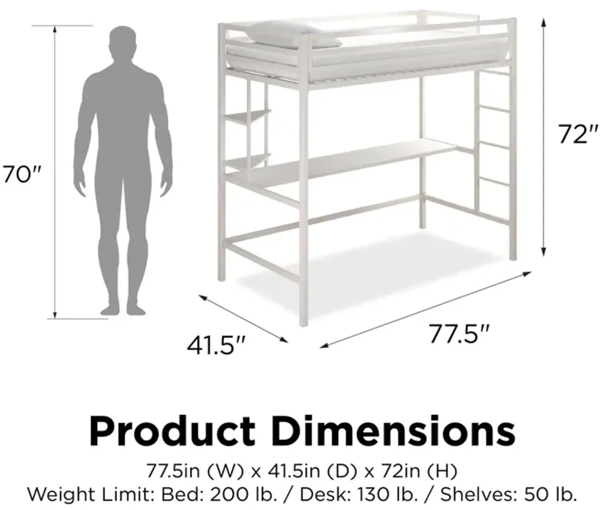 Maxwell Metal Twin Loft Bed with Desk & Shelves