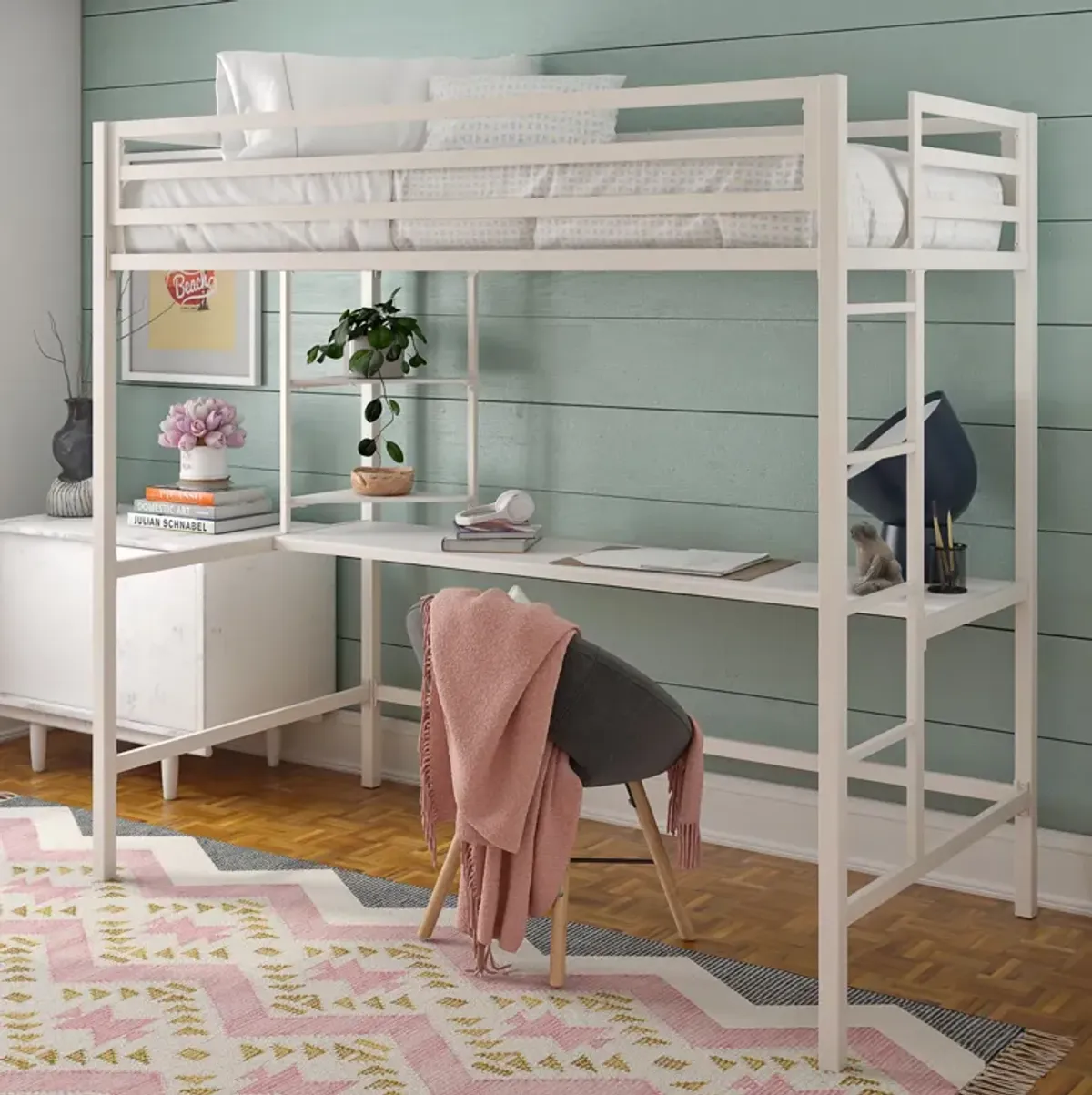 Maxwell Metal Twin Loft Bed with Desk & Shelves