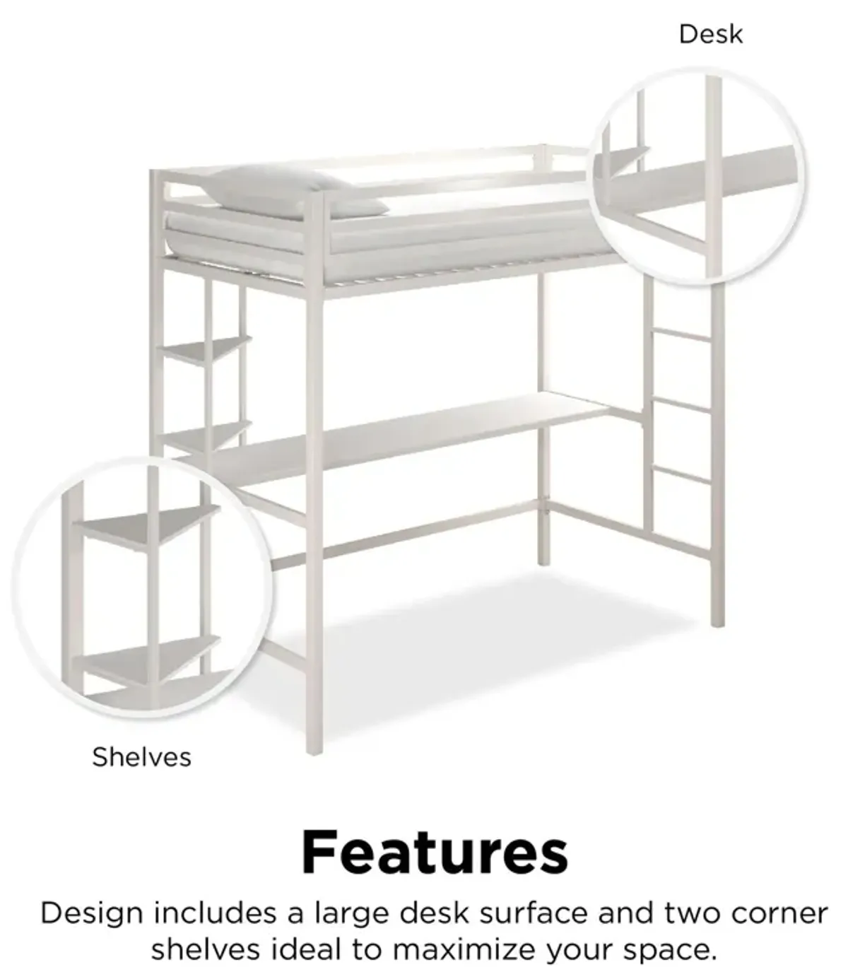 Maxwell Metal Twin Loft Bed with Desk & Shelves