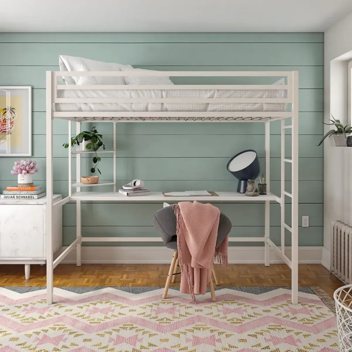 Maxwell Metal Twin Loft Bed with Desk & Shelves