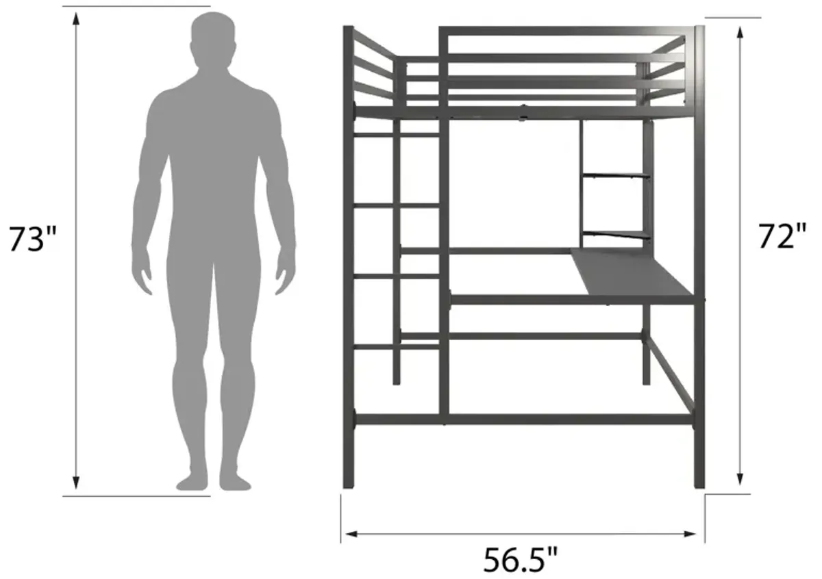 Maxwell Metal Twin Loft Bed with Desk & Shelves