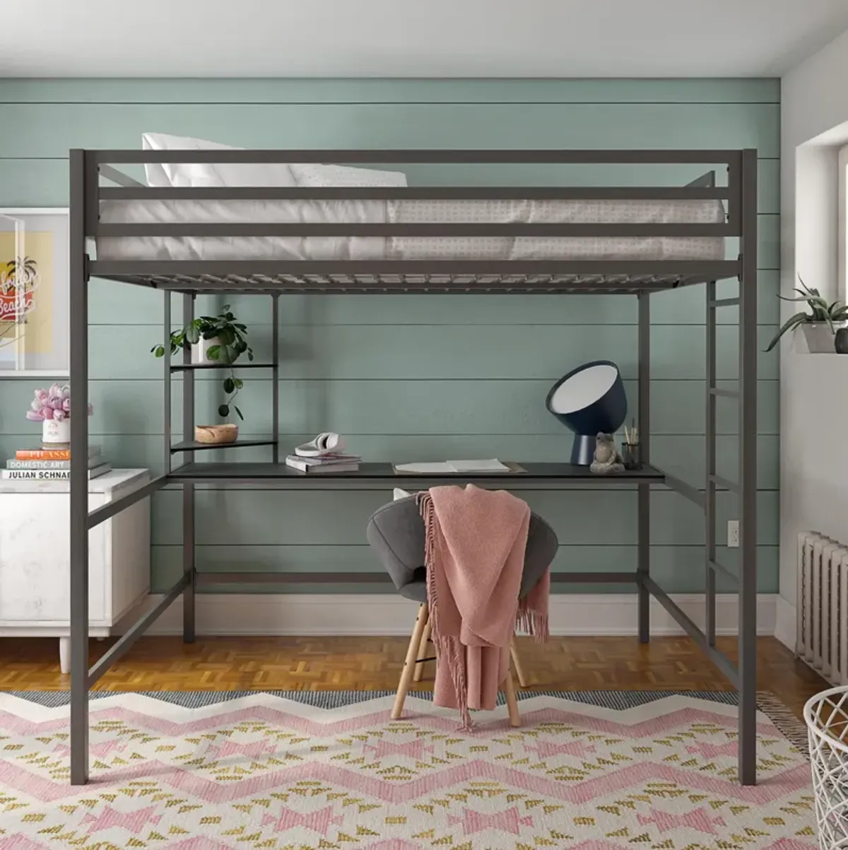 Maxwell Metal Twin Loft Bed with Desk & Shelves