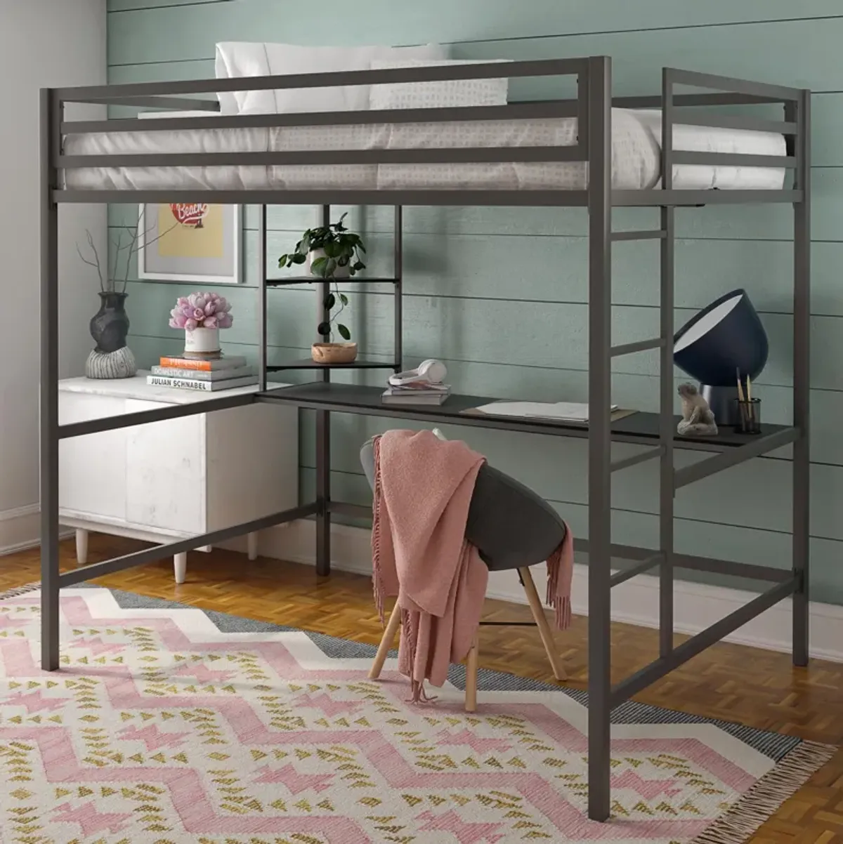 Maxwell Metal Twin Loft Bed with Desk & Shelves