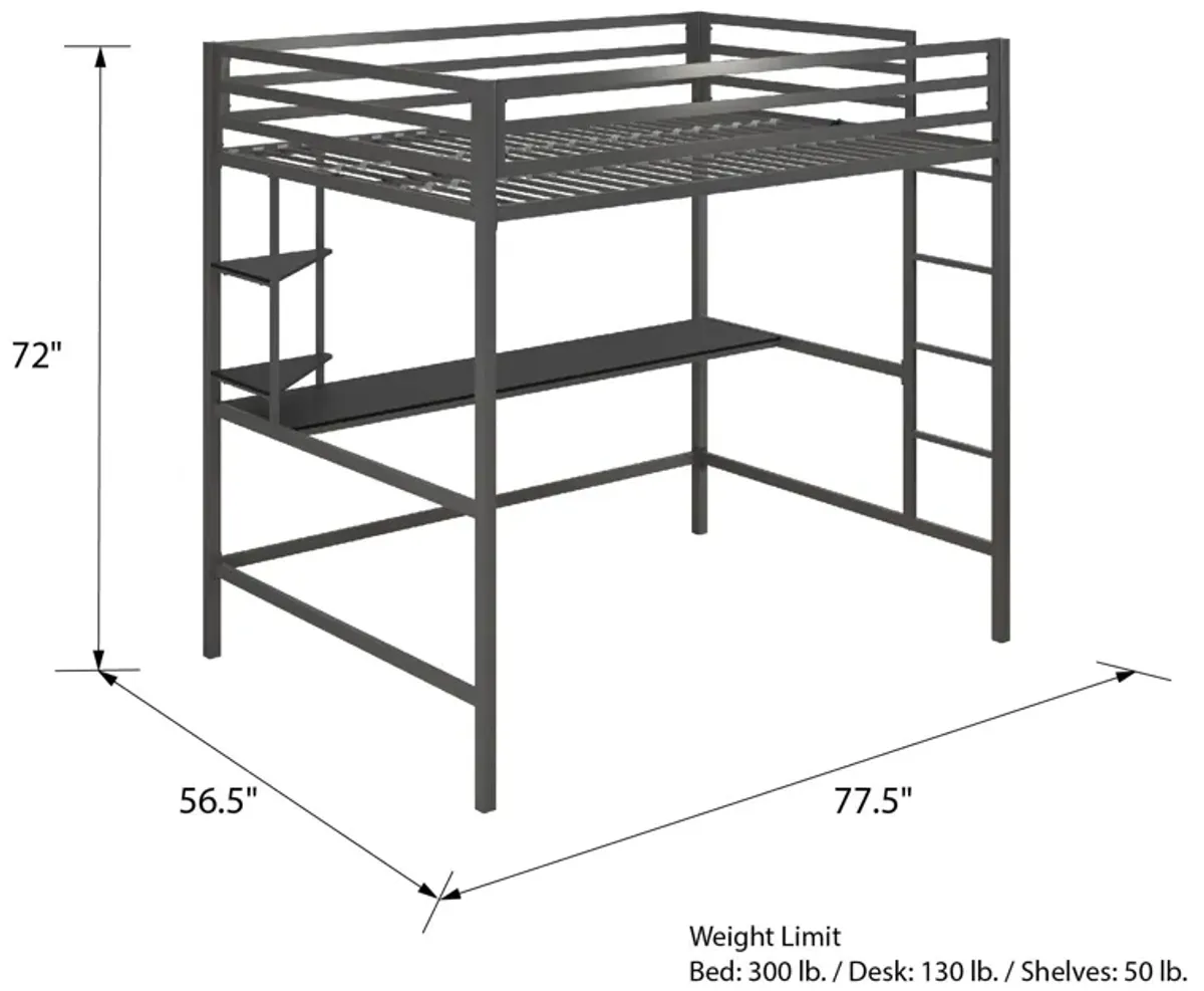 Maxwell Metal Twin Loft Bed with Desk & Shelves