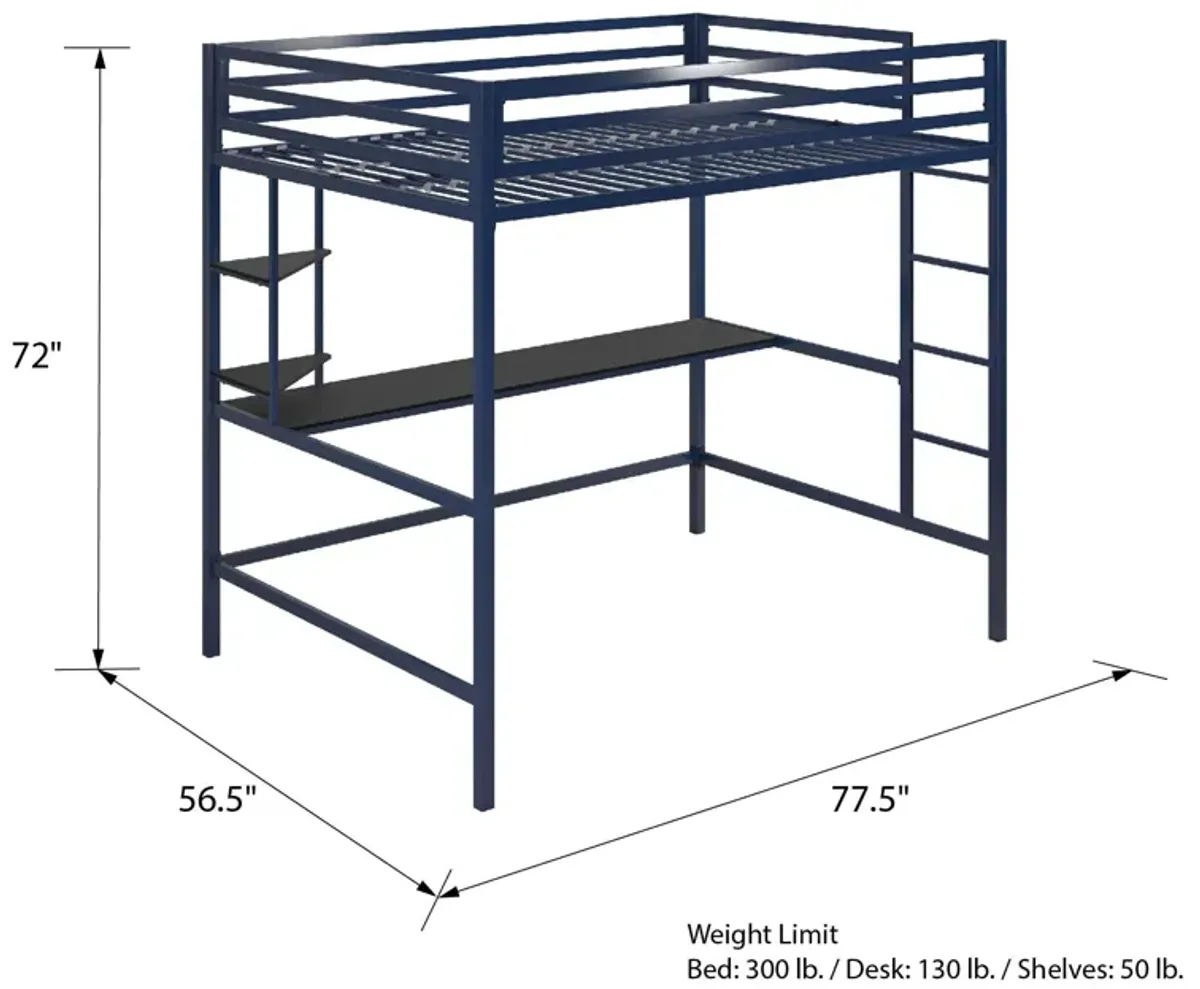 Maxwell Metal Twin Loft Bed with Desk & Shelves