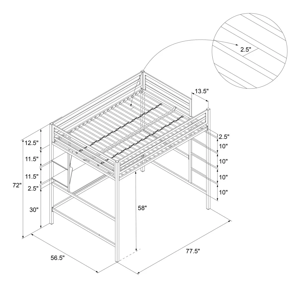 Maxwell Metal Twin Loft Bed with Desk & Shelves