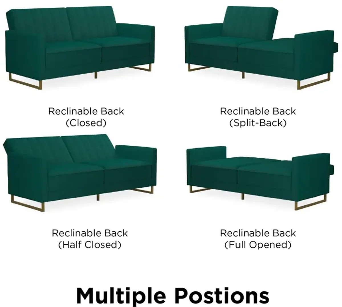 Skylar Coil Velvet Futon with Ribbed Tufted Back and Gold Metal Legs