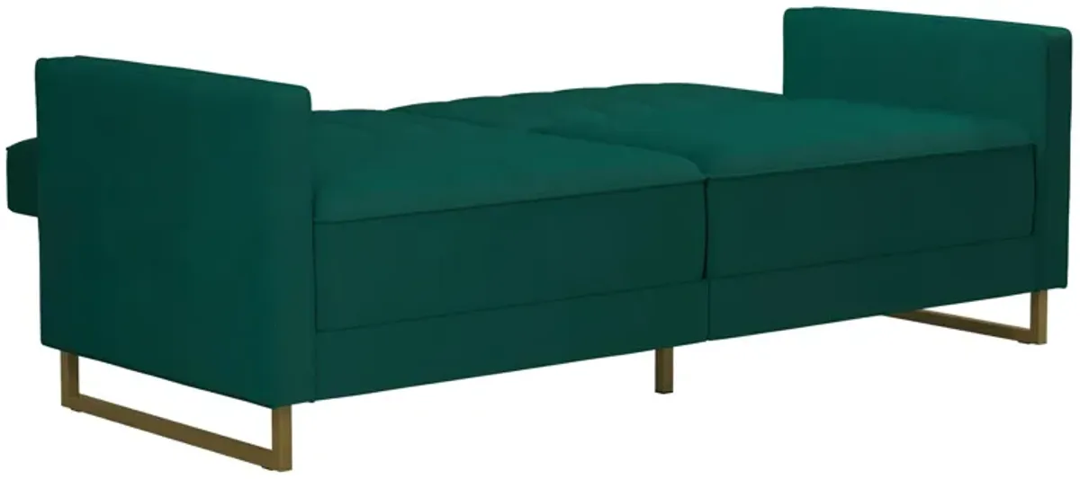 Skylar Coil Velvet Futon with Ribbed Tufted Back and Gold Metal Legs