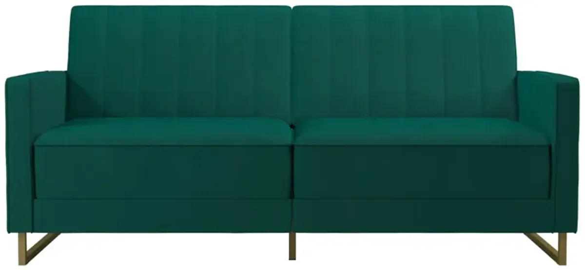 Skylar Coil Velvet Futon with Ribbed Tufted Back and Gold Metal Legs