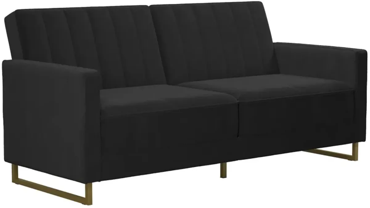 Skylar Coil Velvet Futon with Ribbed Tufted Back and Gold Metal Legs