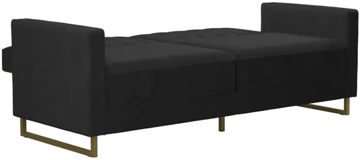 Skylar Coil Velvet Futon with Ribbed Tufted Back and Gold Metal Legs