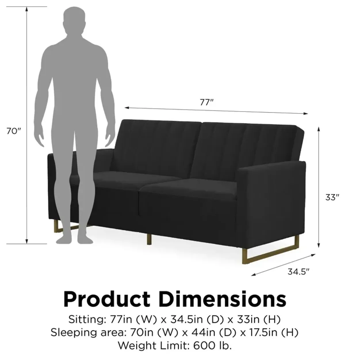 Skylar Coil Velvet Futon with Ribbed Tufted Back and Gold Metal Legs