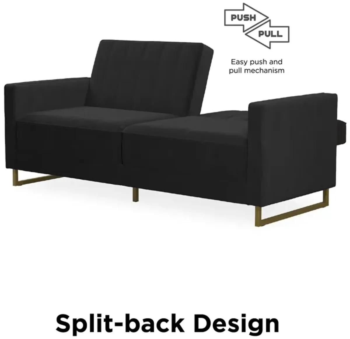 Skylar Coil Velvet Futon with Ribbed Tufted Back and Gold Metal Legs