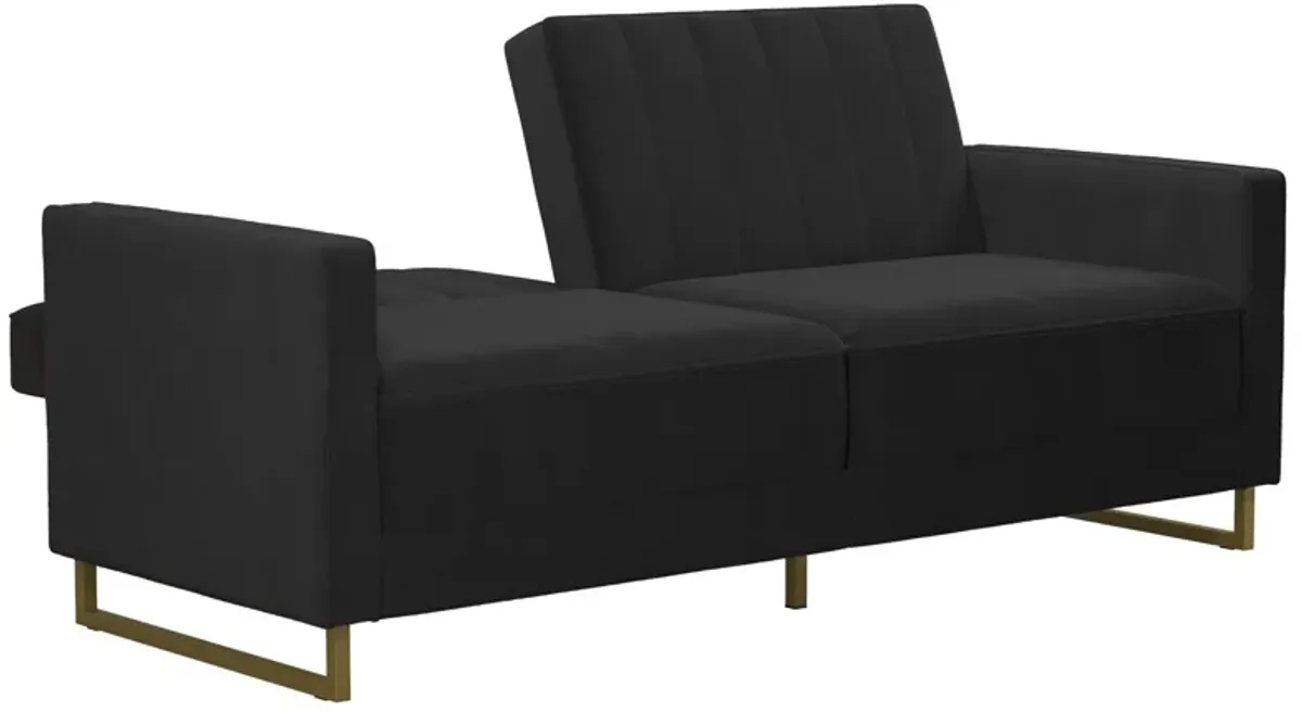 Skylar Coil Velvet Futon with Ribbed Tufted Back and Gold Metal Legs