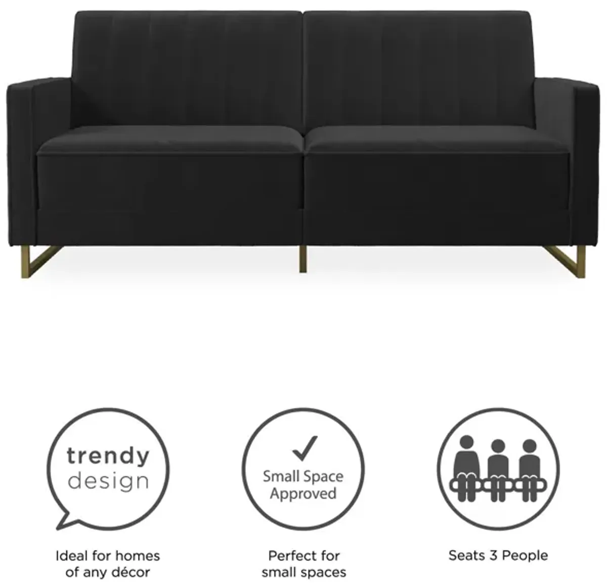 Skylar Coil Velvet Futon with Ribbed Tufted Back and Gold Metal Legs