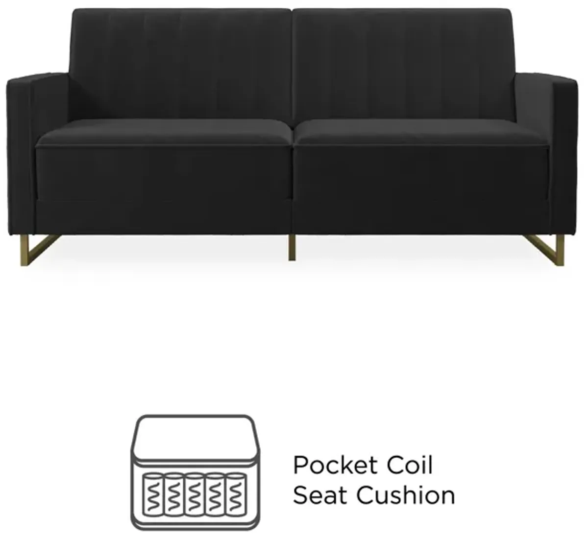 Skylar Coil Velvet Futon with Ribbed Tufted Back and Gold Metal Legs