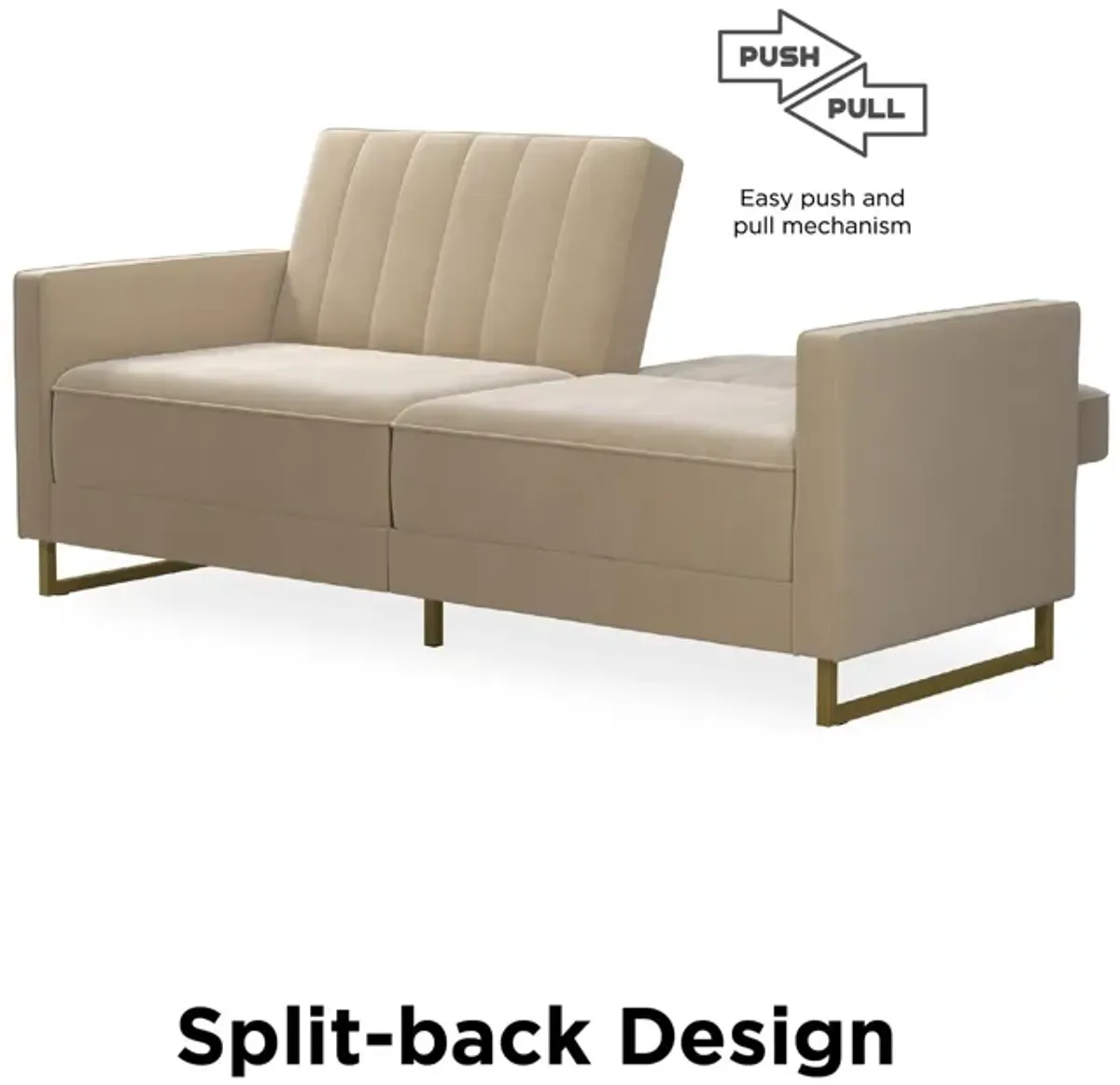 Skylar Coil Velvet Futon with Ribbed Tufted Back and Gold Metal Legs