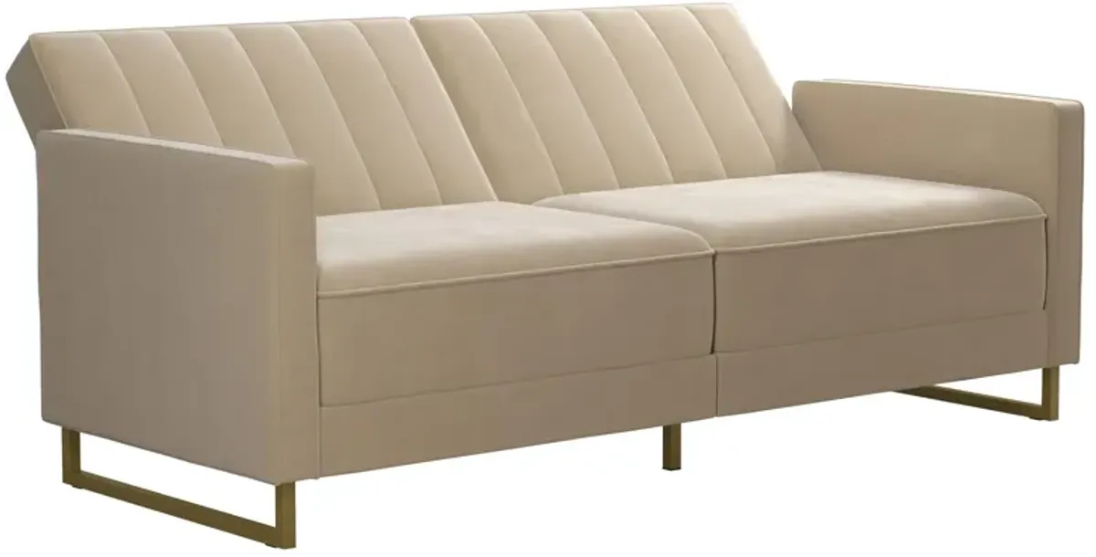 Skylar Coil Velvet Futon with Ribbed Tufted Back and Gold Metal Legs