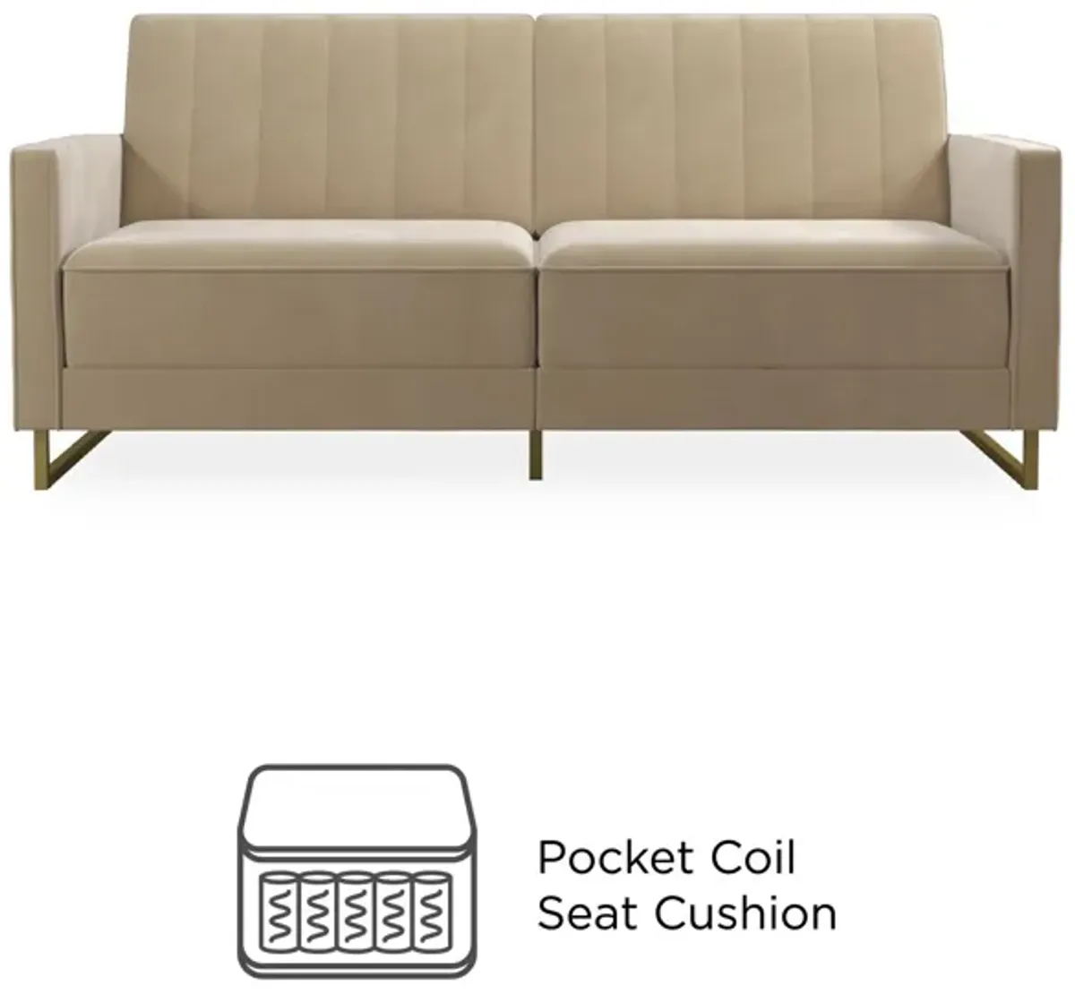 Skylar Coil Velvet Futon with Ribbed Tufted Back and Gold Metal Legs