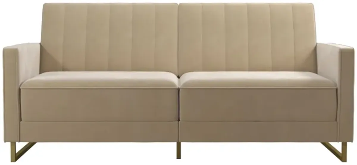 Skylar Coil Velvet Futon with Ribbed Tufted Back and Gold Metal Legs