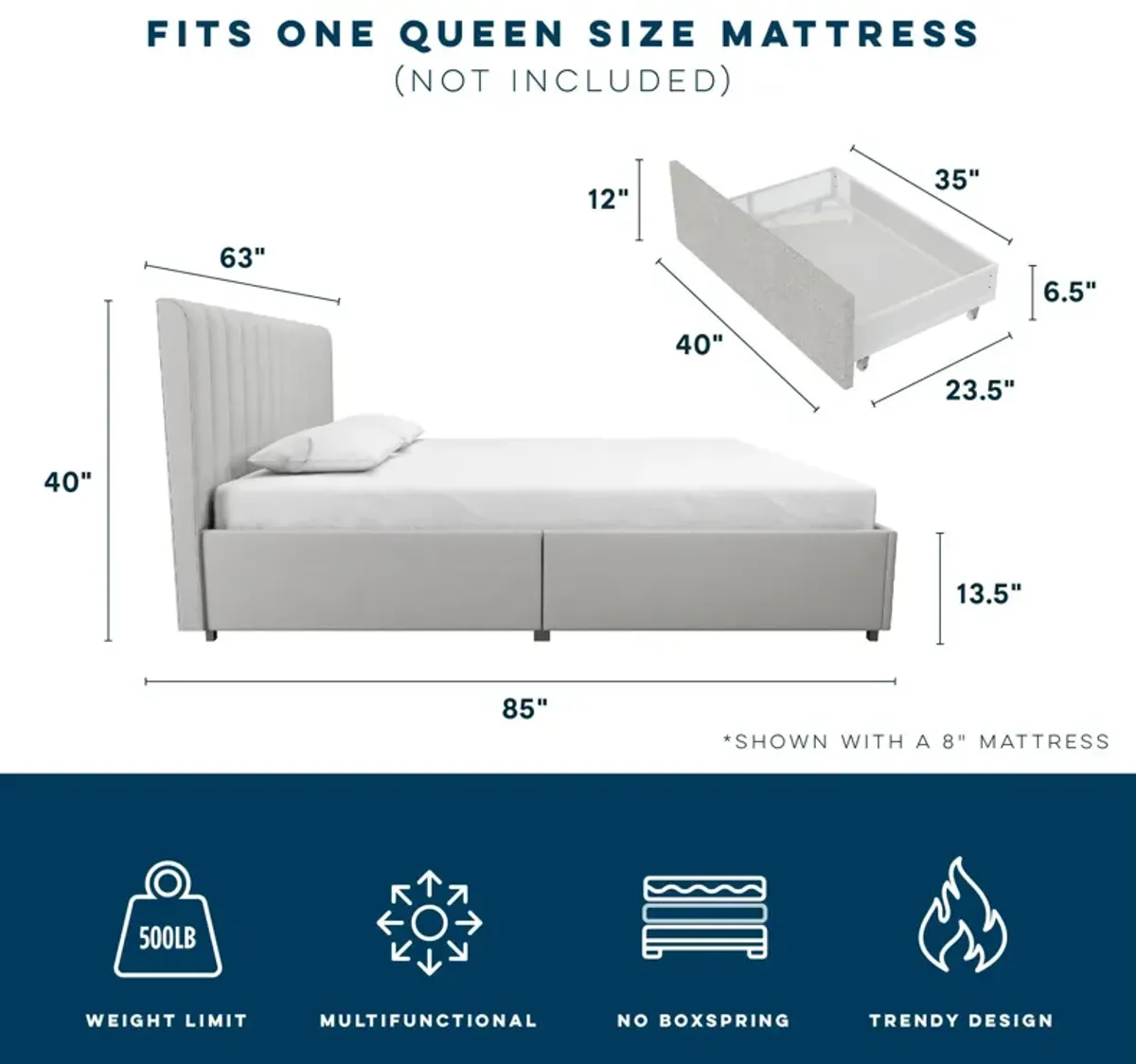 Brittany Upholstered Bed with Channel Tufted Headboard and Storage Drawers