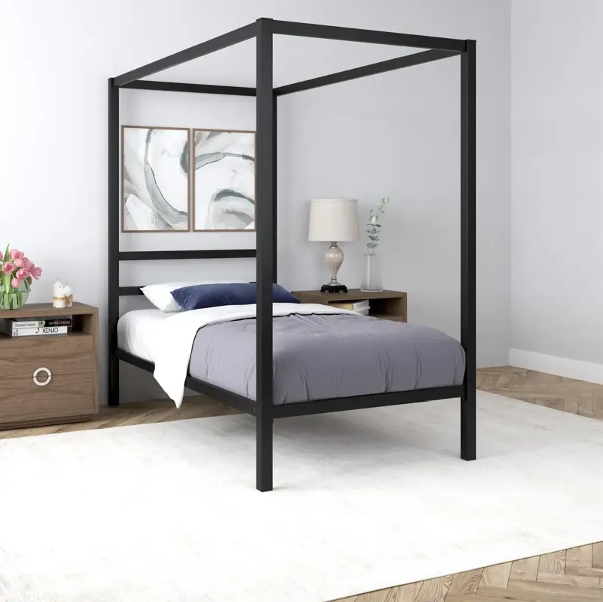 Modern Metal Canopy Bed with Sleek Built-In Headboard