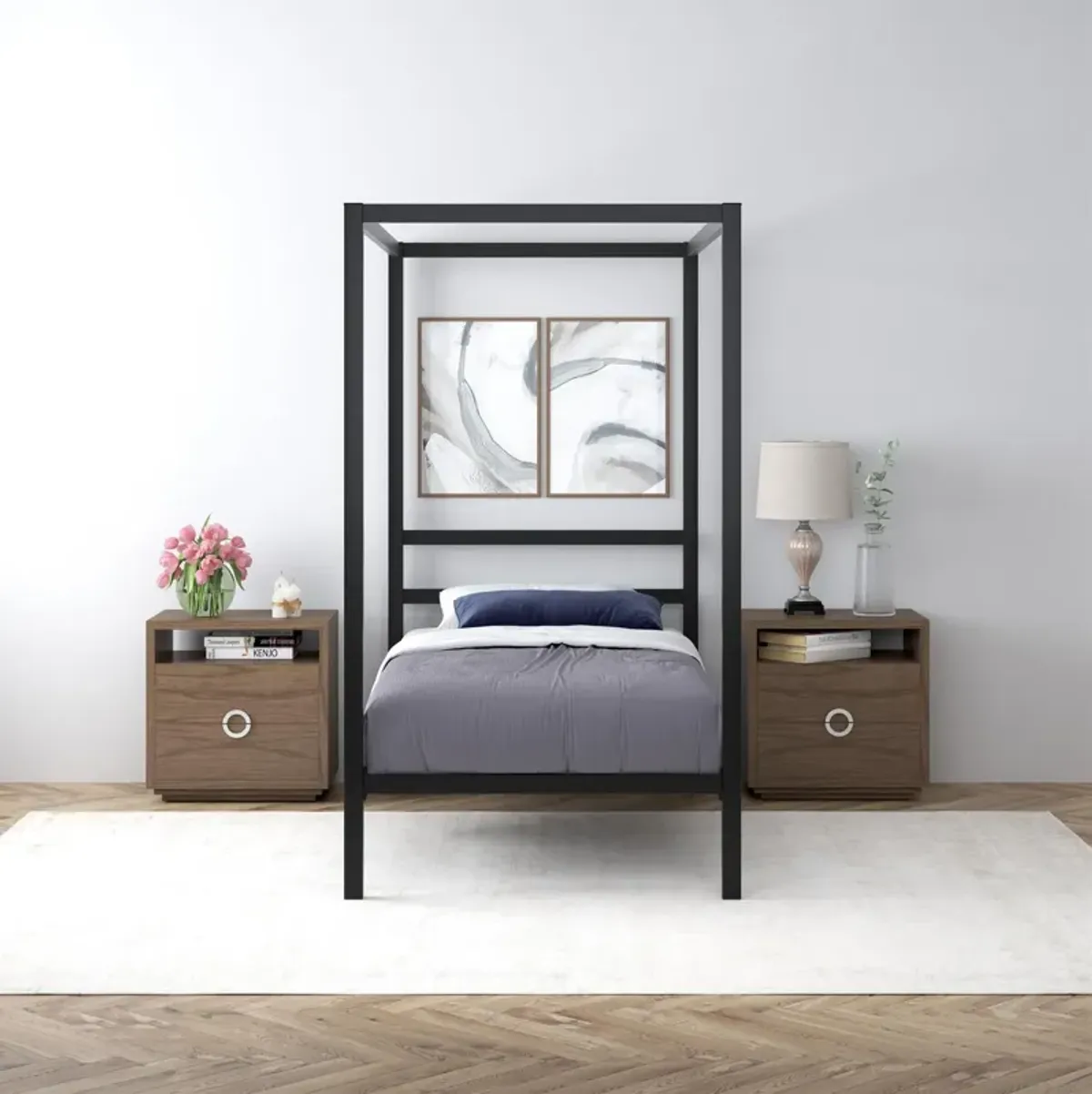 Modern Metal Canopy Bed with Sleek Built-In Headboard