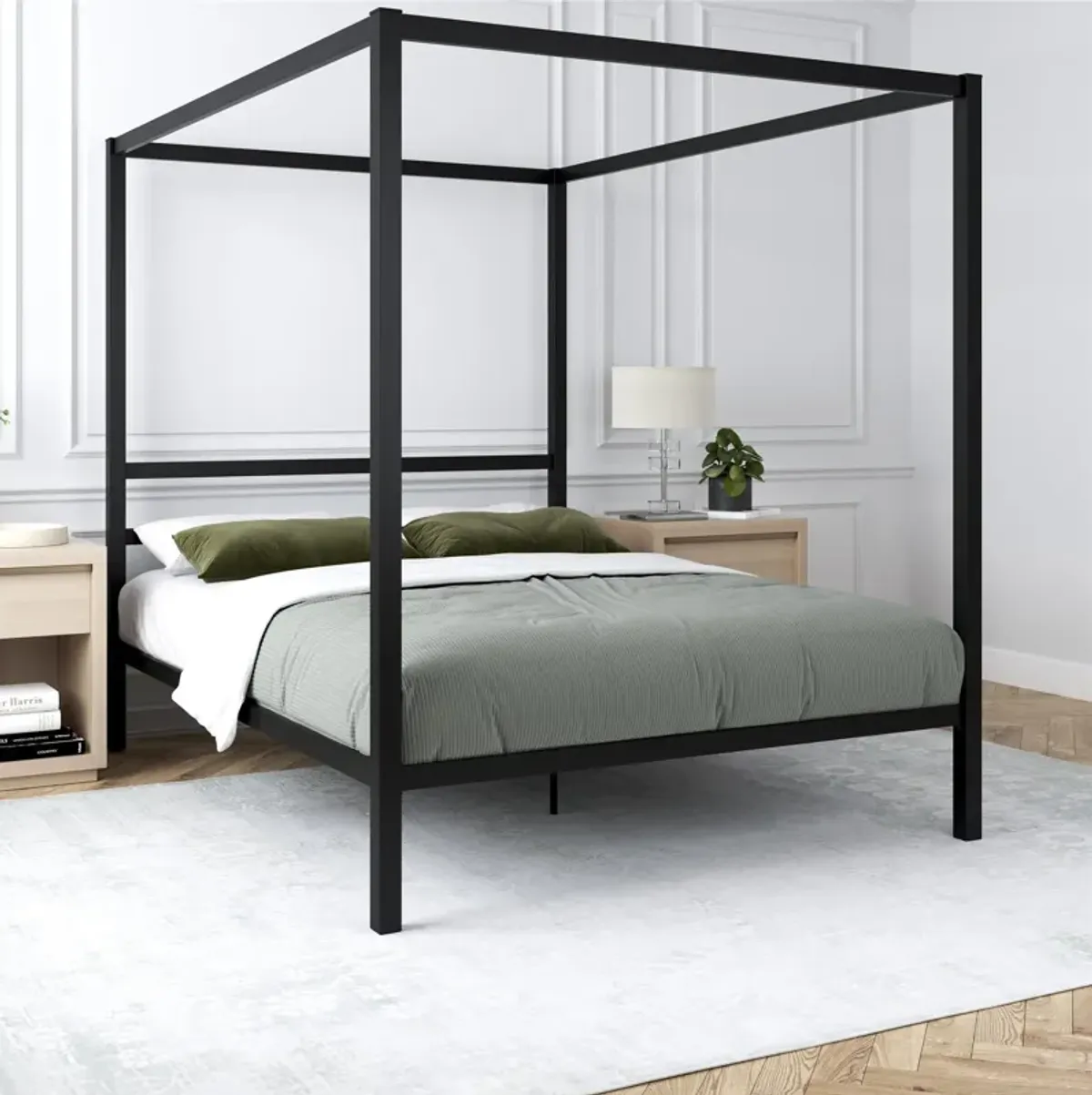 Modern Metal Canopy Bed with Sleek Built-In Headboard