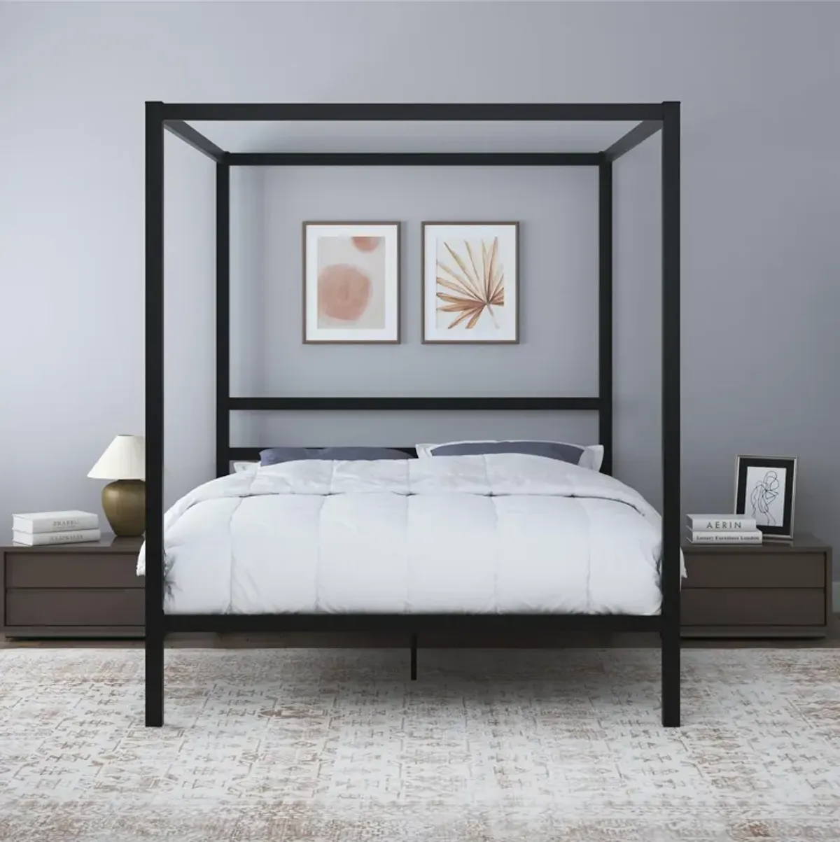 Modern Metal Canopy Bed with Sleek Built-In Headboard