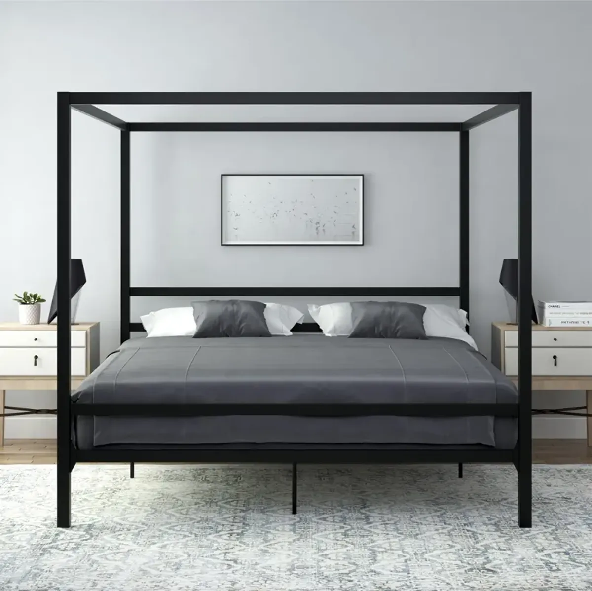 Modern Metal Canopy Bed with Sleek Built-In Headboard