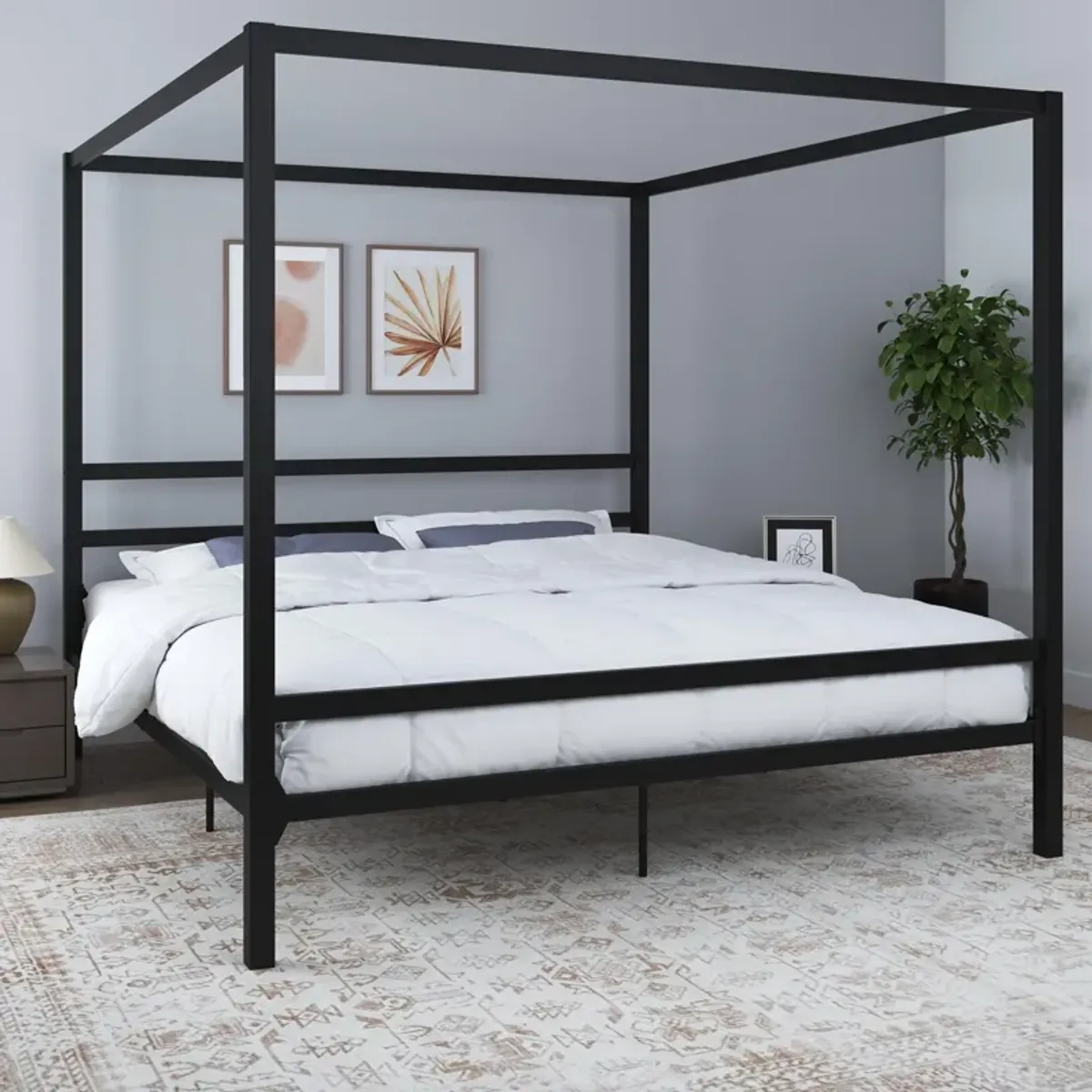 Modern Metal Canopy Bed with Sleek Built-In Headboard