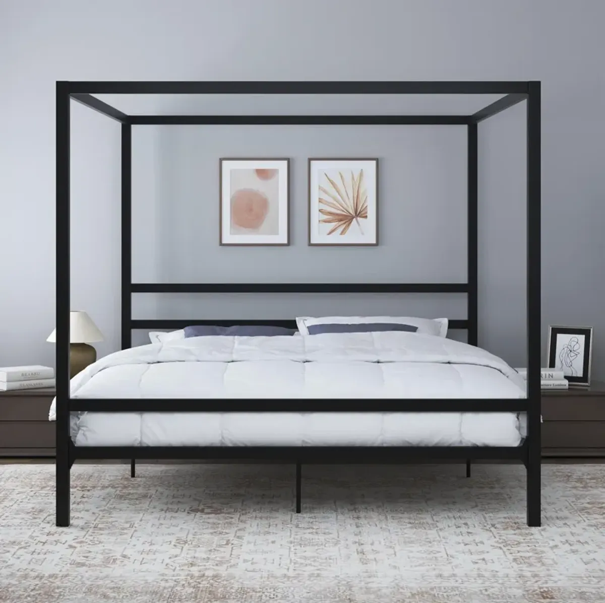 Modern Metal Canopy Bed with Sleek Built-In Headboard