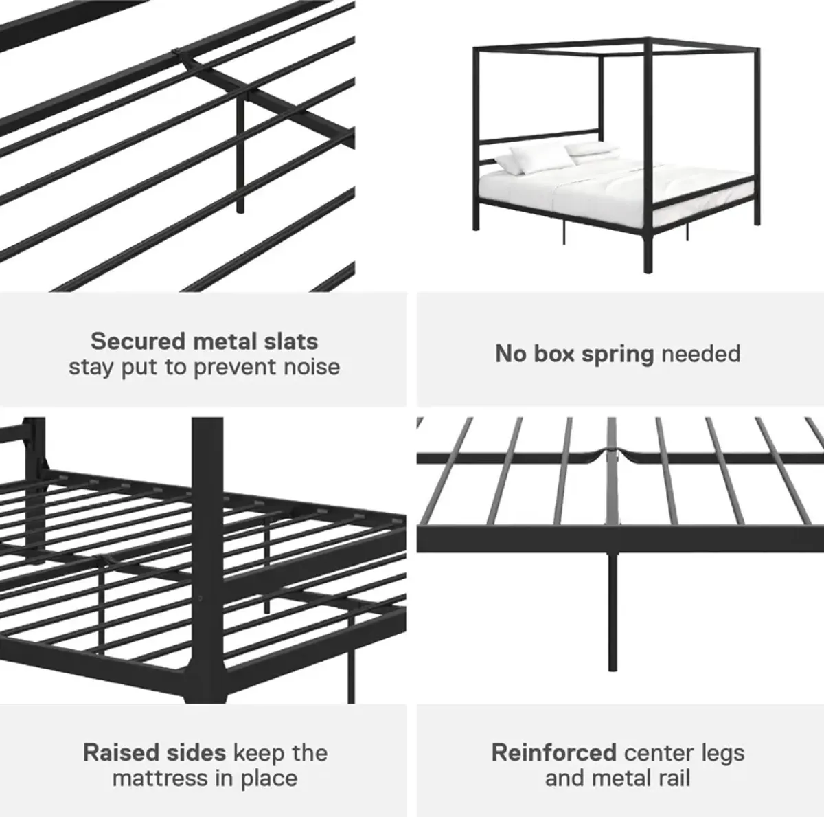 Modern Metal Canopy Bed with Sleek Built-In Headboard