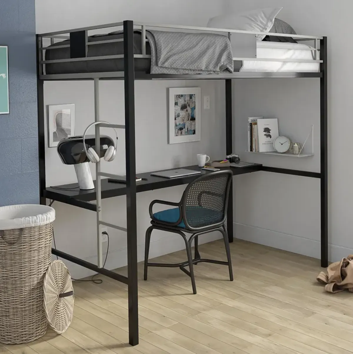 Silver Screen Loft Bunk with Built-In Desk and Integratted Ladder