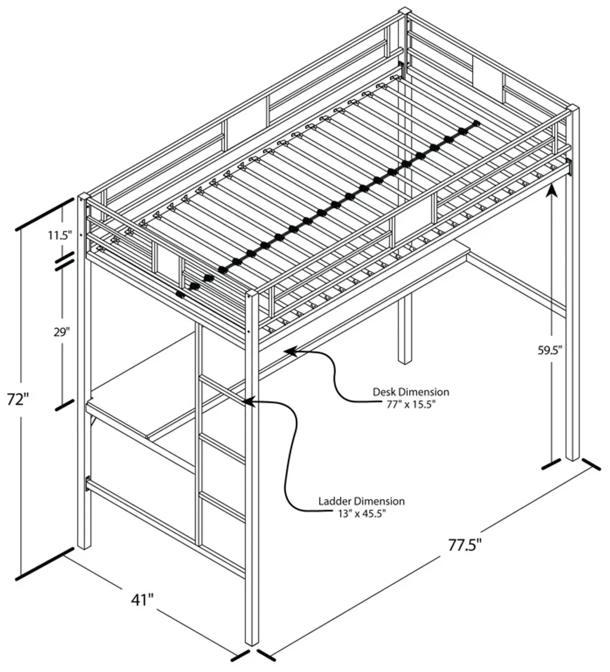 Silver Screen Loft Bunk with Built-In Desk and Integratted Ladder