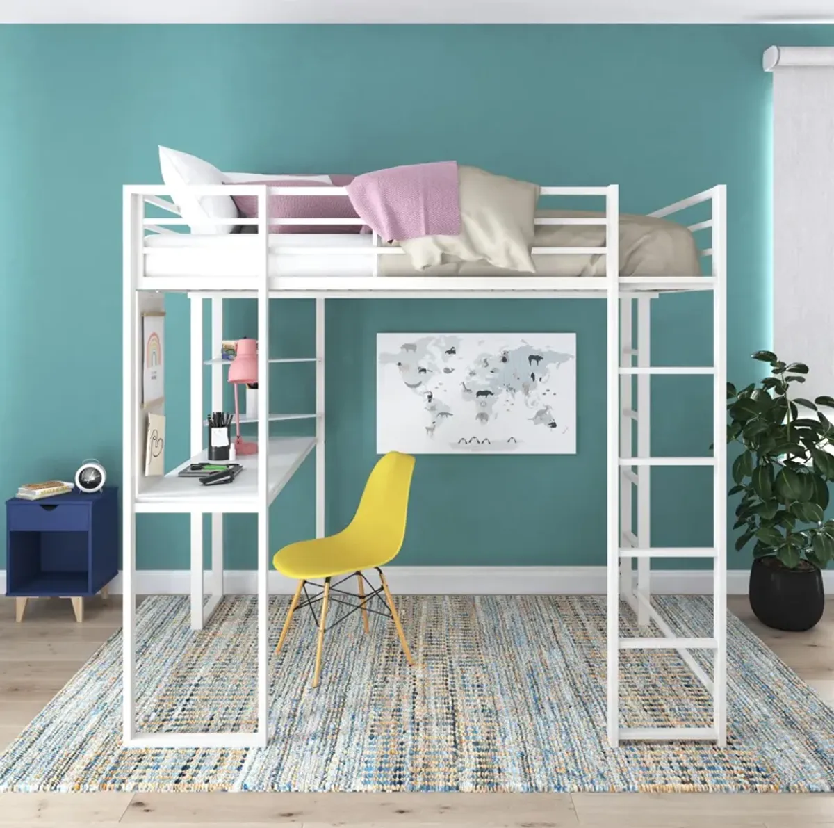 Abode Metal Loft Bed with Built in Desk and Storage Space