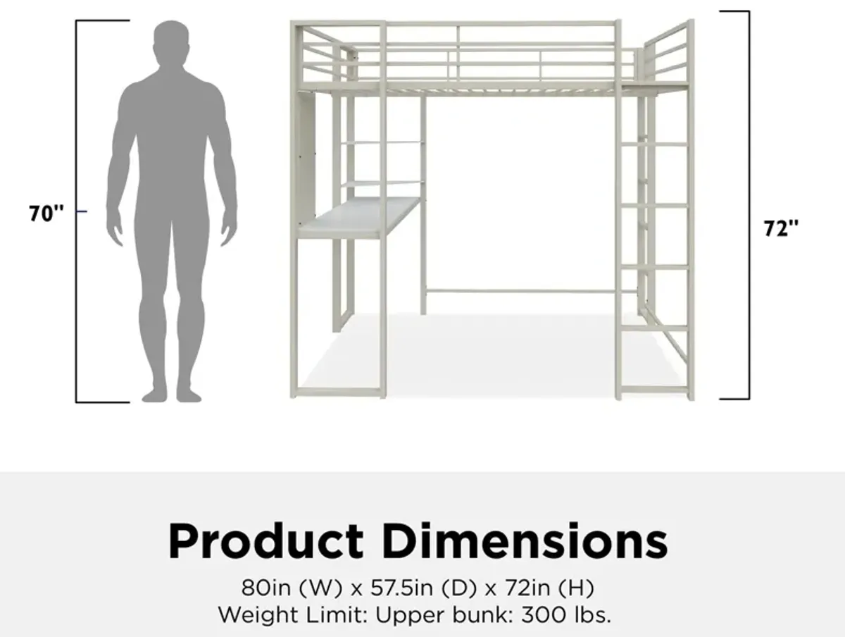 Abode Metal Loft Bed with Built in Desk and Storage Space