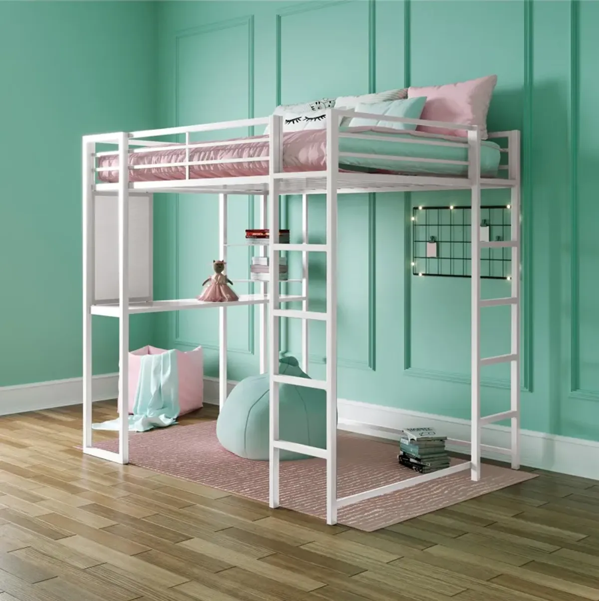 Abode Metal Loft Bed with Built in Desk and Storage Space